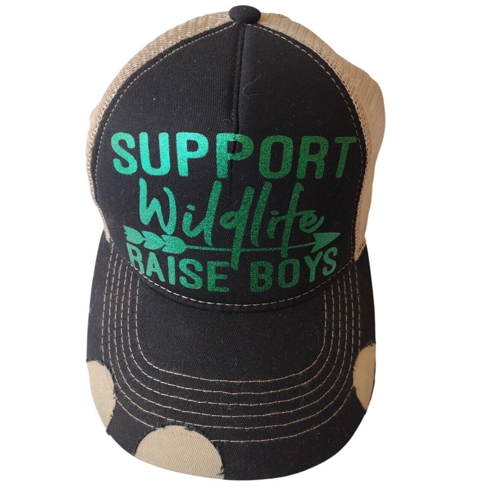 "Support Wildlife Raise‎ Boys" Hat Cap Unisex One Size Beige Black Mesh Distress